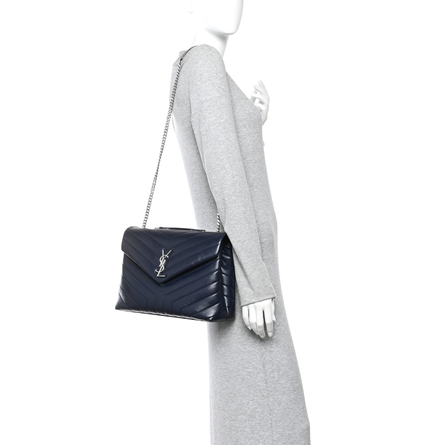 Saint Laurent Calfskin Y Quilted Monogram Medium Loulou Chain Satchel Deep Marine 2 of 9