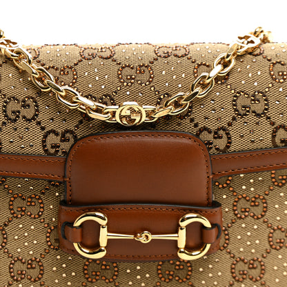Gucci New Canvas Charisma Calfskin Crystal GG Monogram Mini Horsebit 1955 Shoulder Bag Camel Ebony 8 of 10