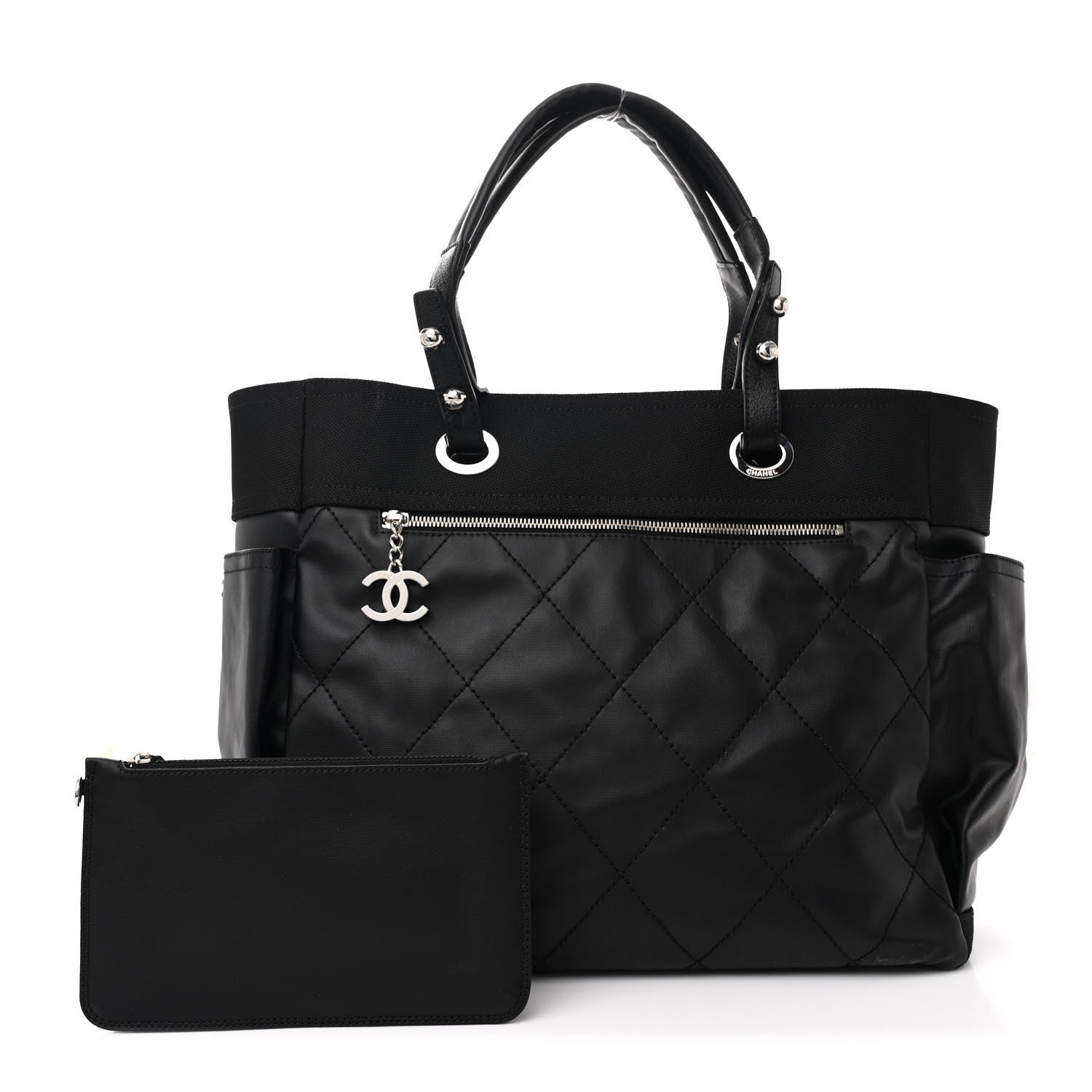 Chanel Coated Canvas Quilted Large Paris Biarritz Tote Black 3 of 12