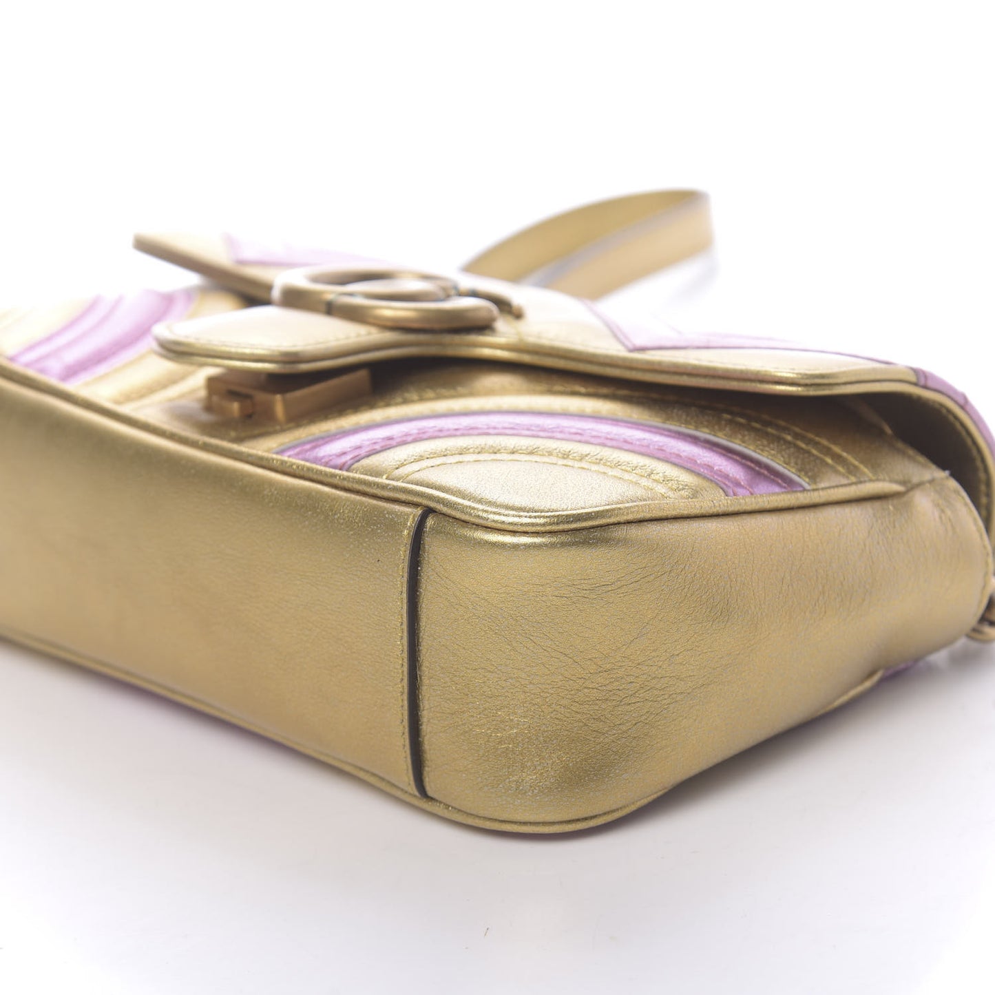 Metallic Calfskin Matelasse Mini GG Marmont Shoulder Bag Gold Pink