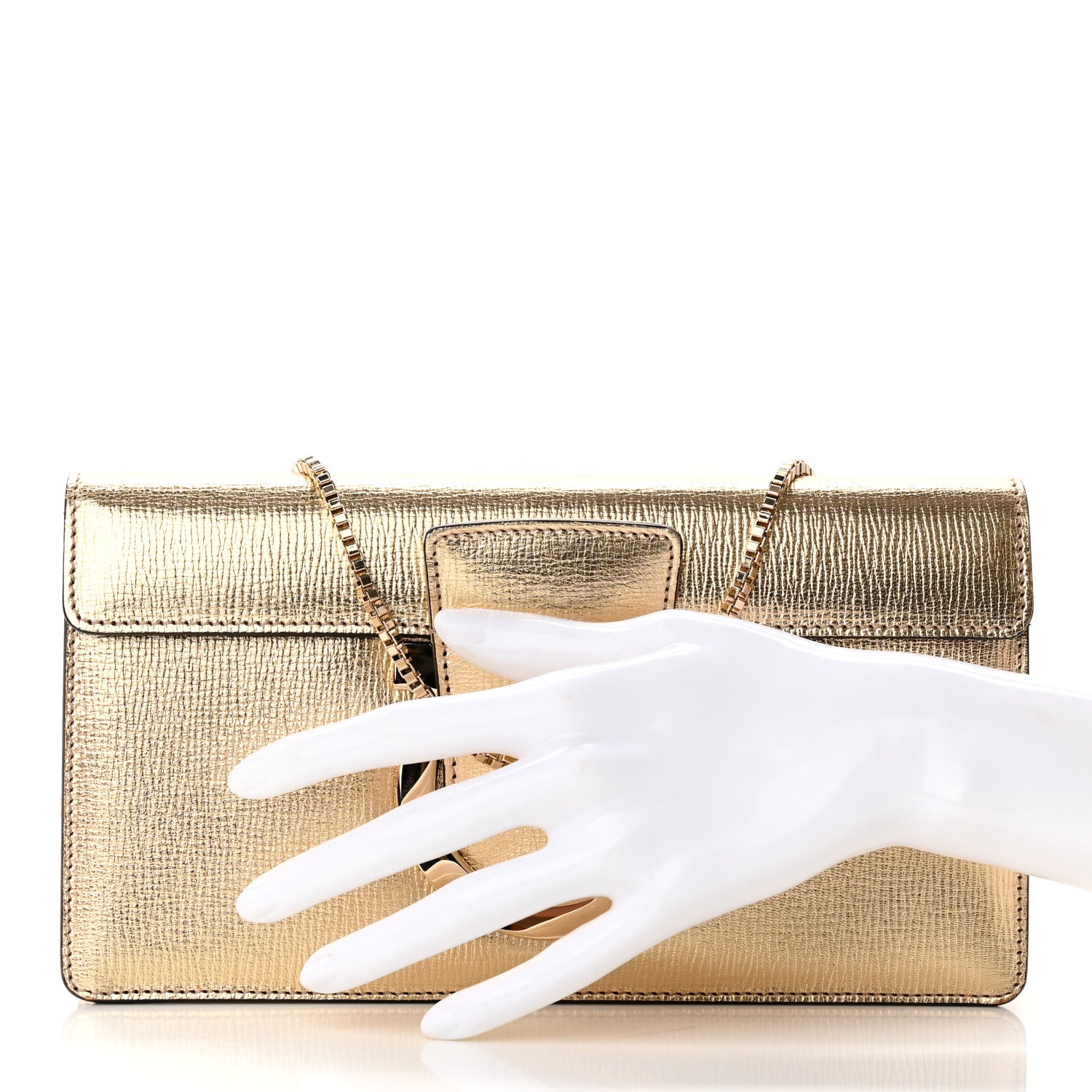 Salvatore Ferragamo Metallic Hammered Calfskin Thalia Clutch With Chain Gold 2 of 14