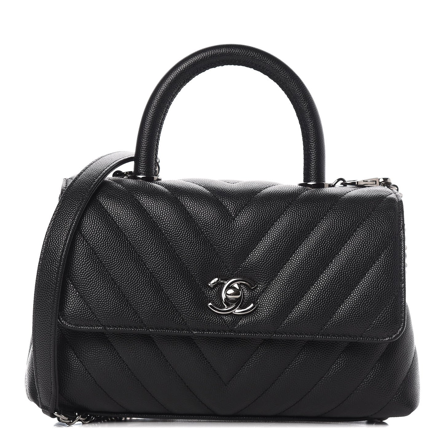 Caviar Chevron Quilted Mini Coco Handle Flap Black