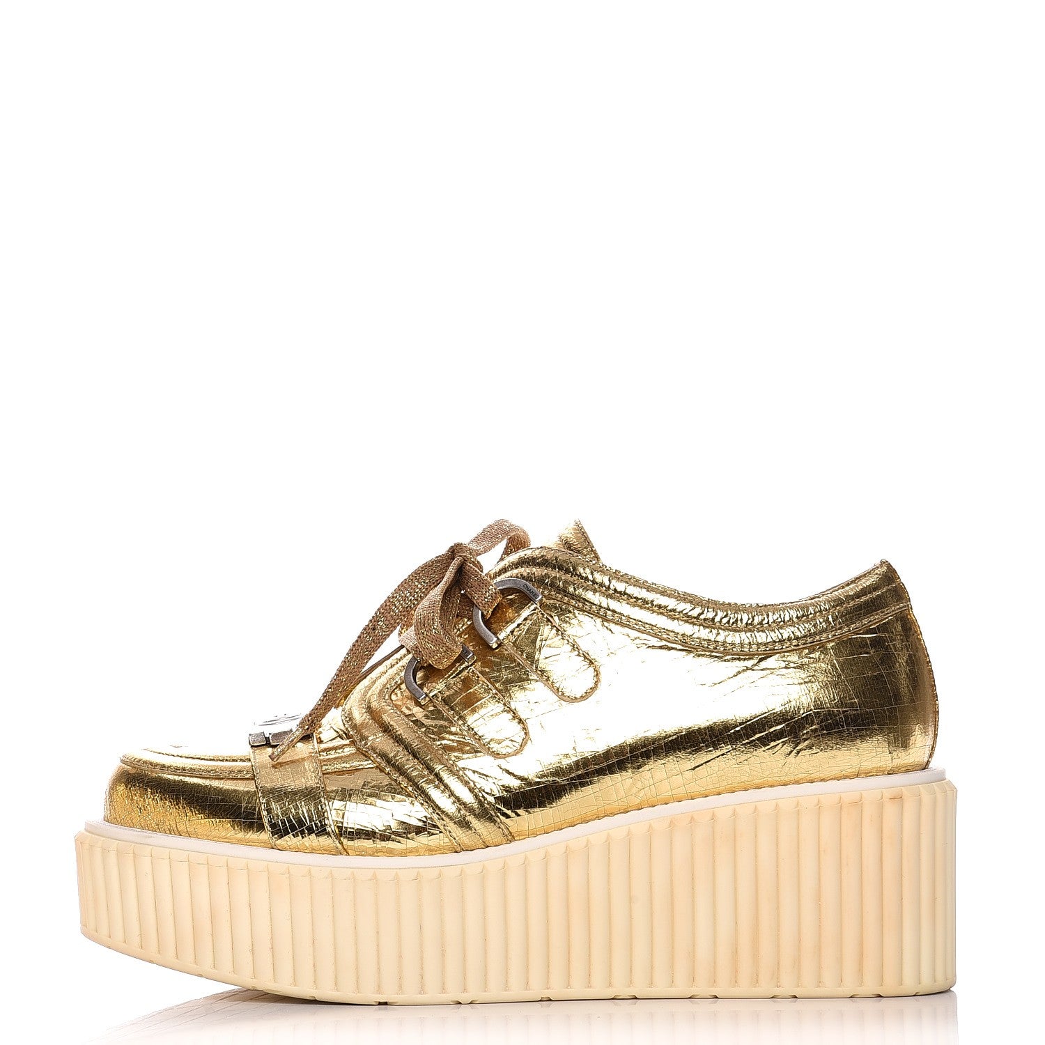 Chanel Lame Lace Up Creeper Sneakers 38 Gold 1 of 12