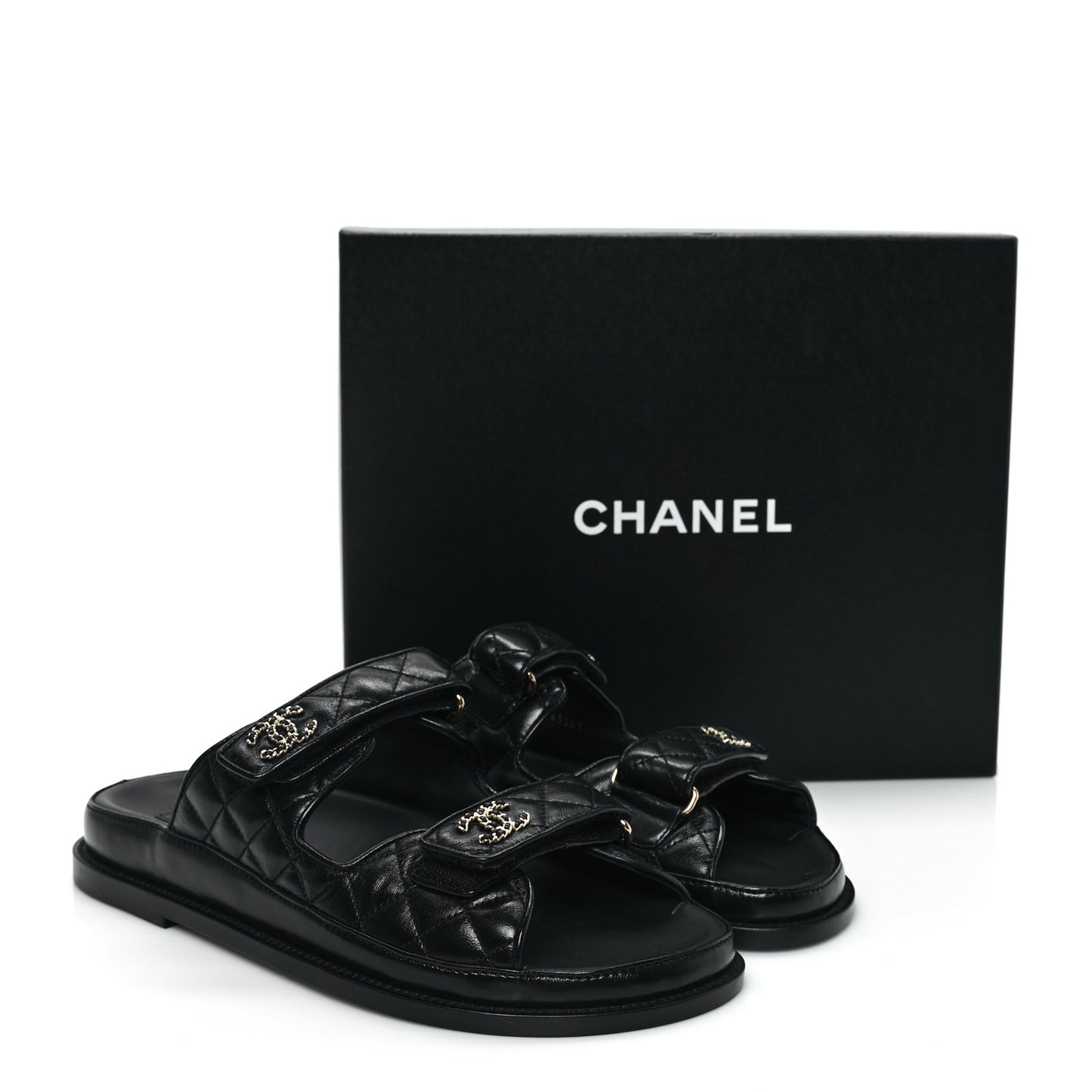Lambskin Quilted Velcro Dad Chain CC Slide Sandals 41 Black