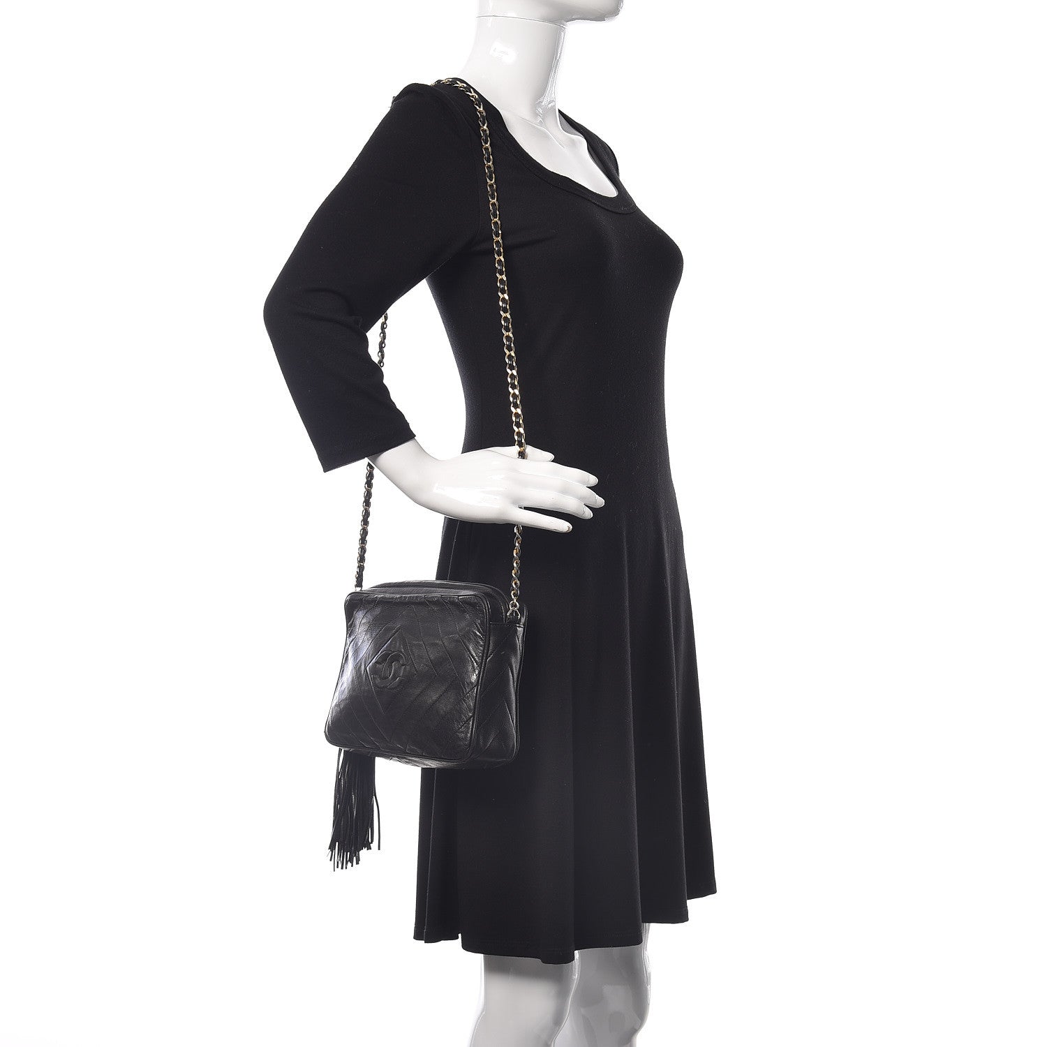 Chanel Lambskin Chevron Quilted Tassel Camera Case Black 2 of 16