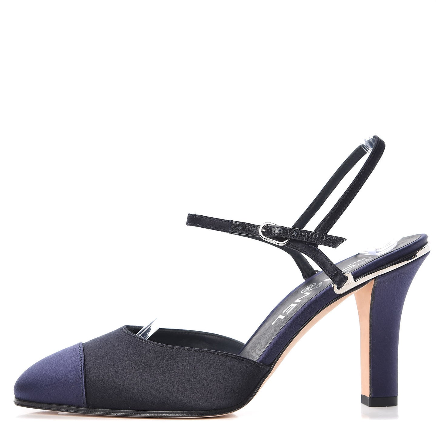 Satin Cap Toe CC Slingback Pumps 36.5 Navy Black