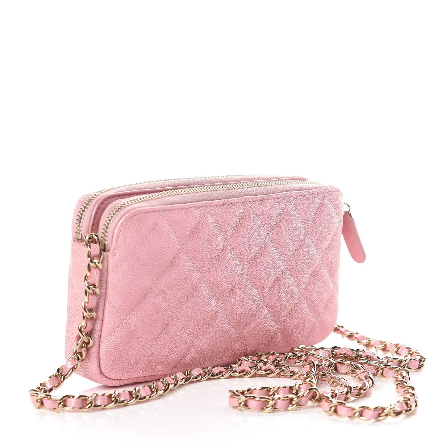 Iridescent Caviar Quilted Small Clutch With Chain Pink
