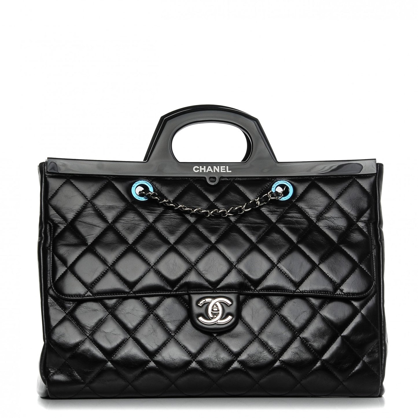 Glazed Calfskin Quilted Large CC Delivery Tote Black