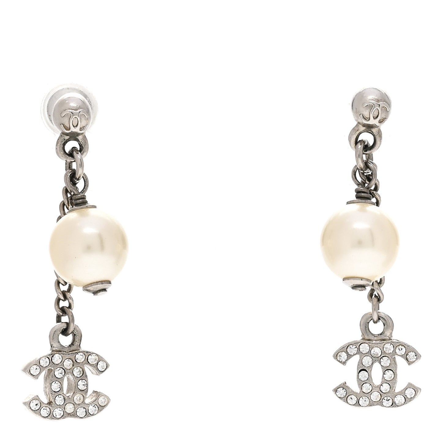 Crystal Pearl CC Drop Chain Earrings Silver