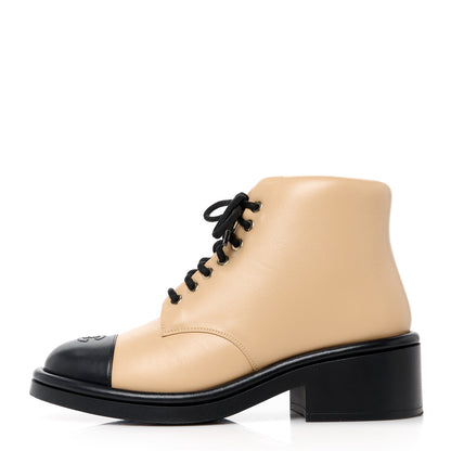 Chanel Lambskin Lace Up Combat Boots 38.5 Beige Black 1 of 9