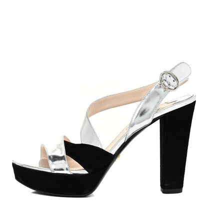 Prada Metallic Calfskin Suede Heel Sandals 38.5 Silver Black 1 of 16
