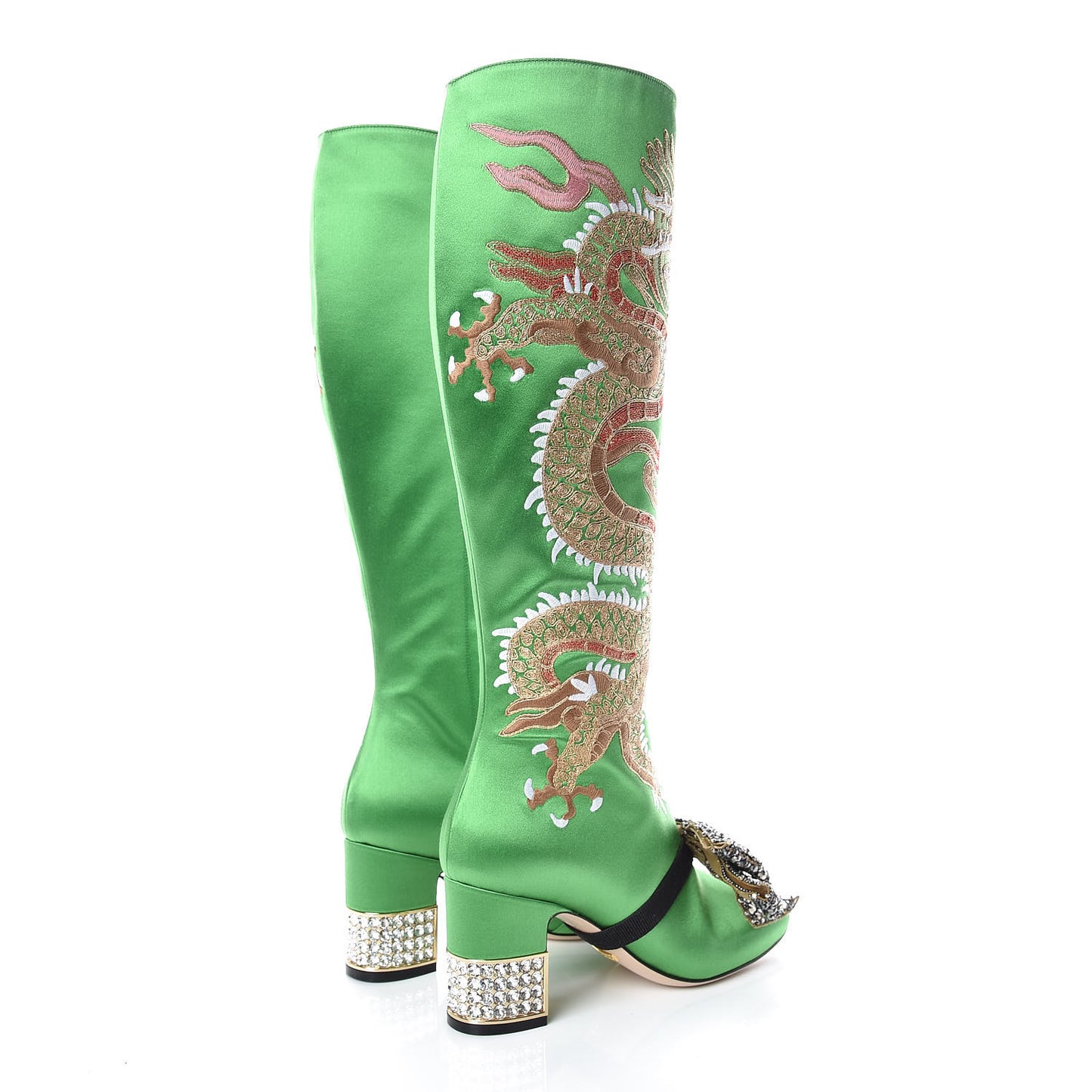 Silk Satin Malaga Kid Embroidered Candy Dragon Block-Heel Knee Boot 36 Palm