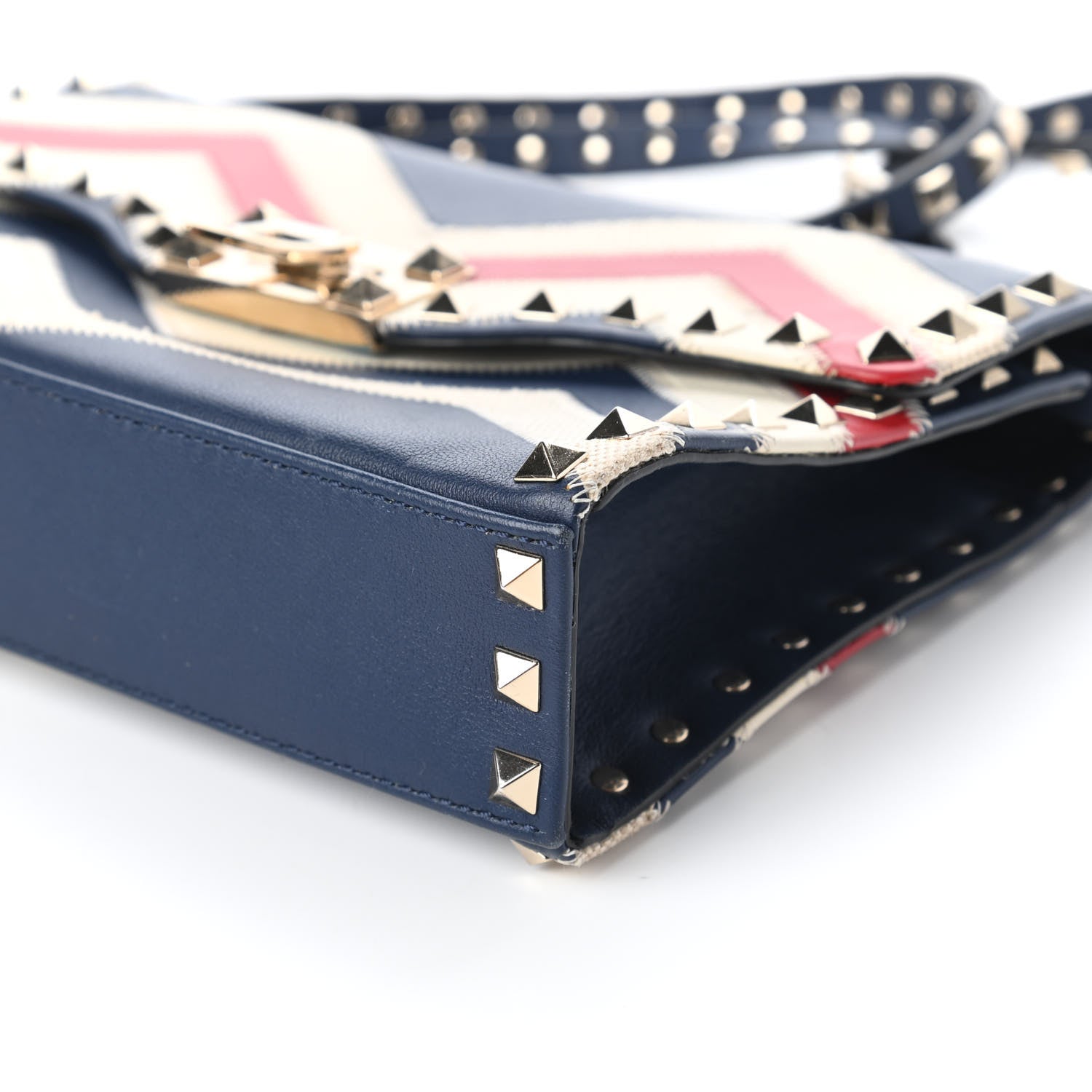 Valentino Garavani Calfskin Canvas Zig Zag Print Rockstud Flip Lock Crossbody Bag Red Blue 7 of 9