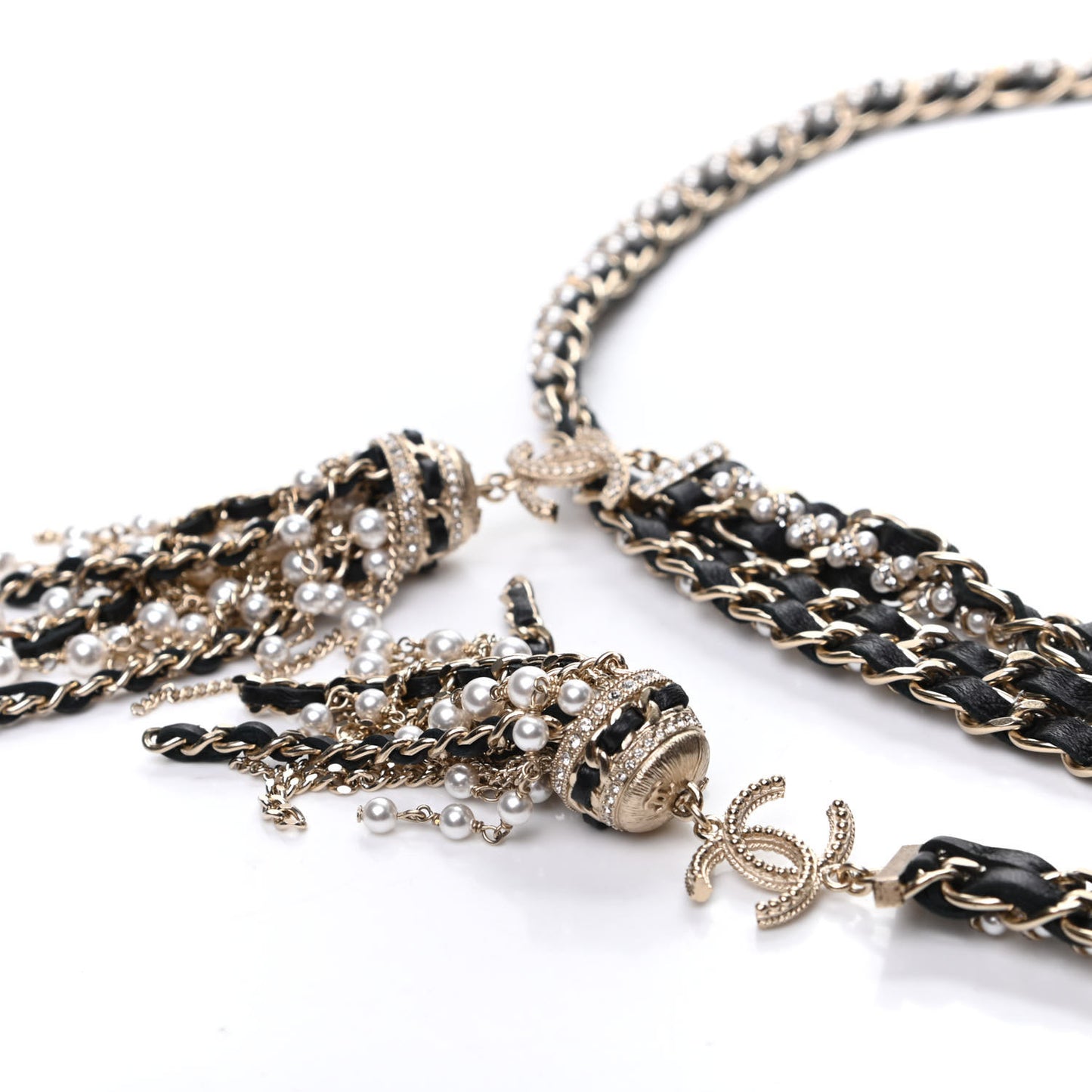 Lambskin Pearl Chain Crystal CC Fancy Belt 90 Black Gold