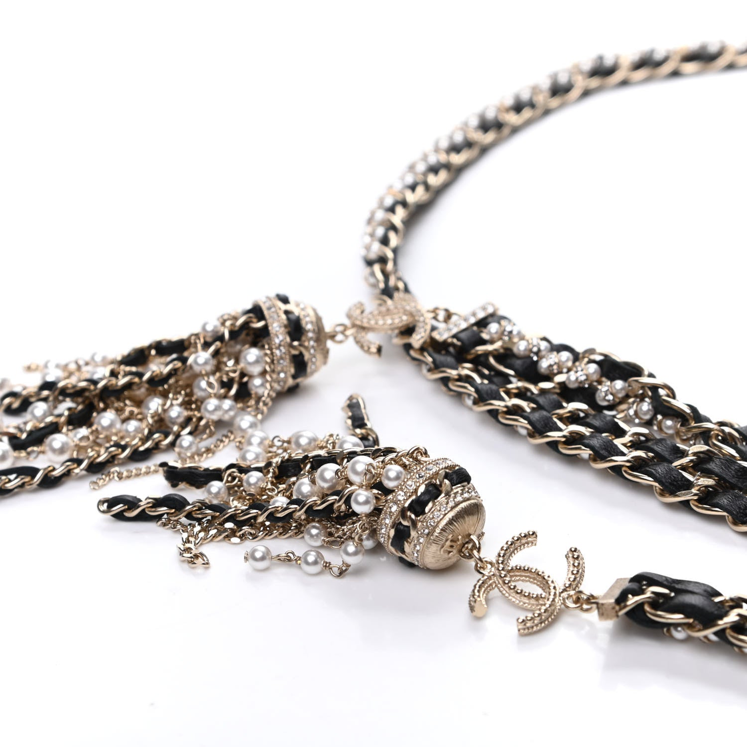 Chanel Lambskin Pearl Chain Crystal CC Fancy Belt 90 Black Gold 4 of 5