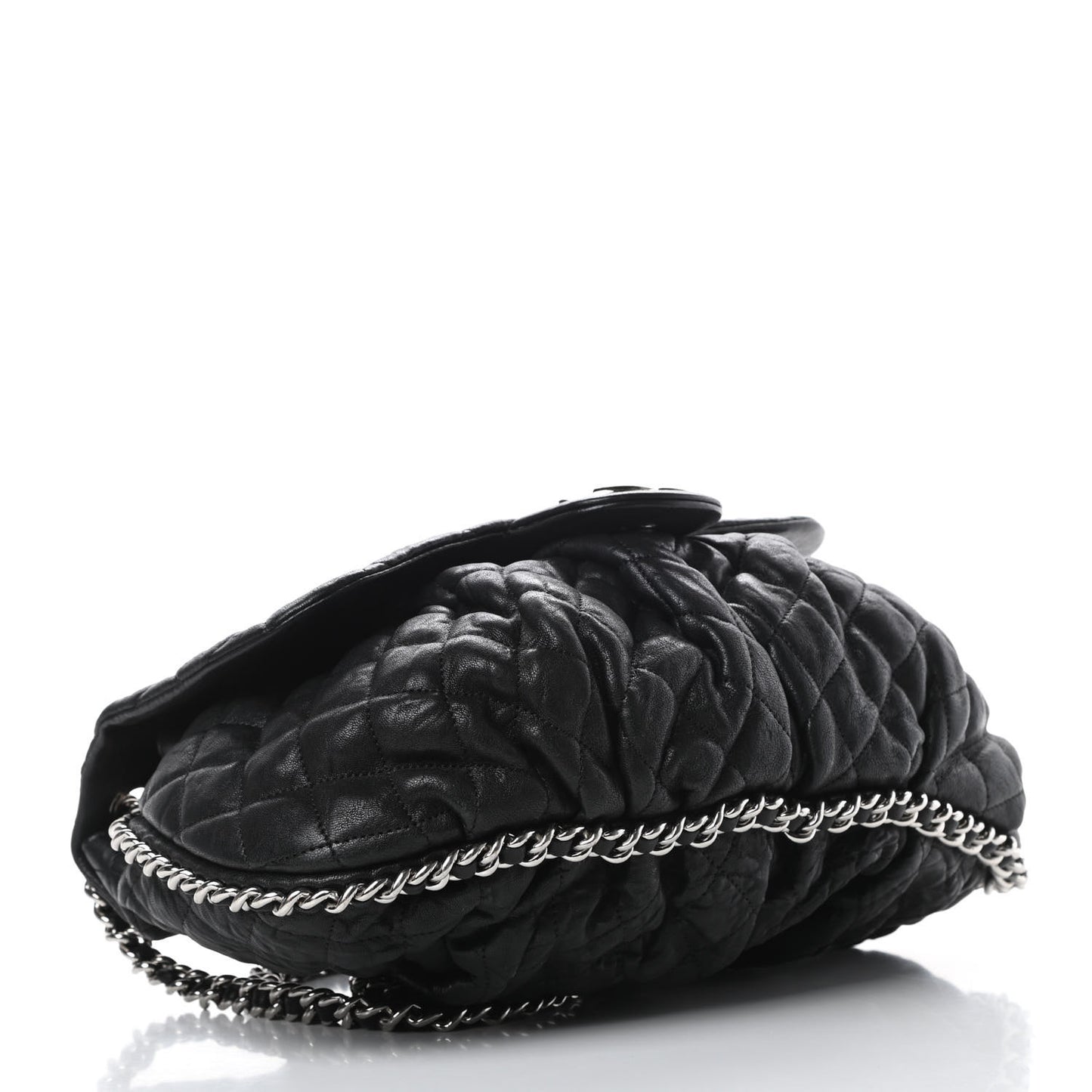 Washed Lambskin Quilted Large Chain Around Flap Black