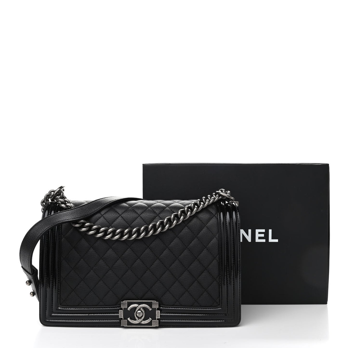 Goatskin Quilted Patent New Medium Duo Boy Flap Black