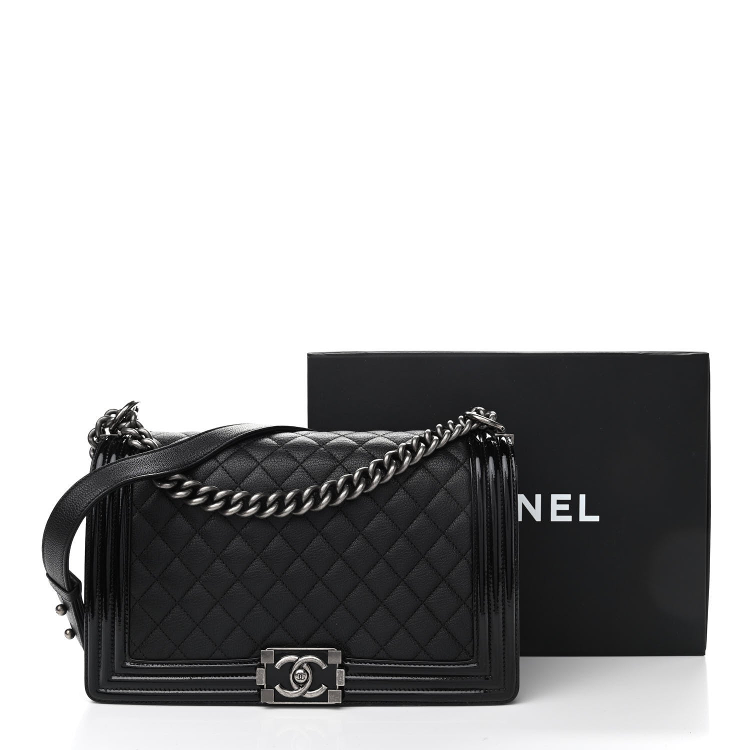 Chanel Goatskin Quilted Patent New Medium Duo Boy Flap Black 10 of 10