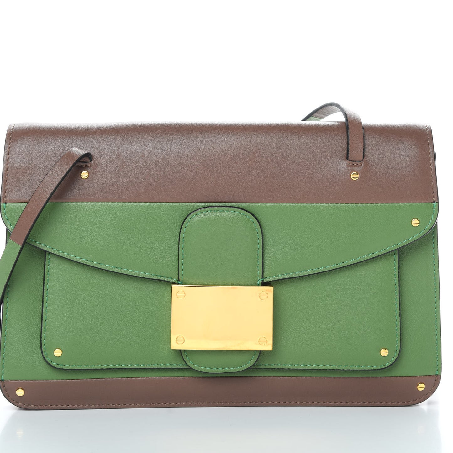 Calfskin Rivet Colorblock Double Handle Shoulder Bag Brown Green