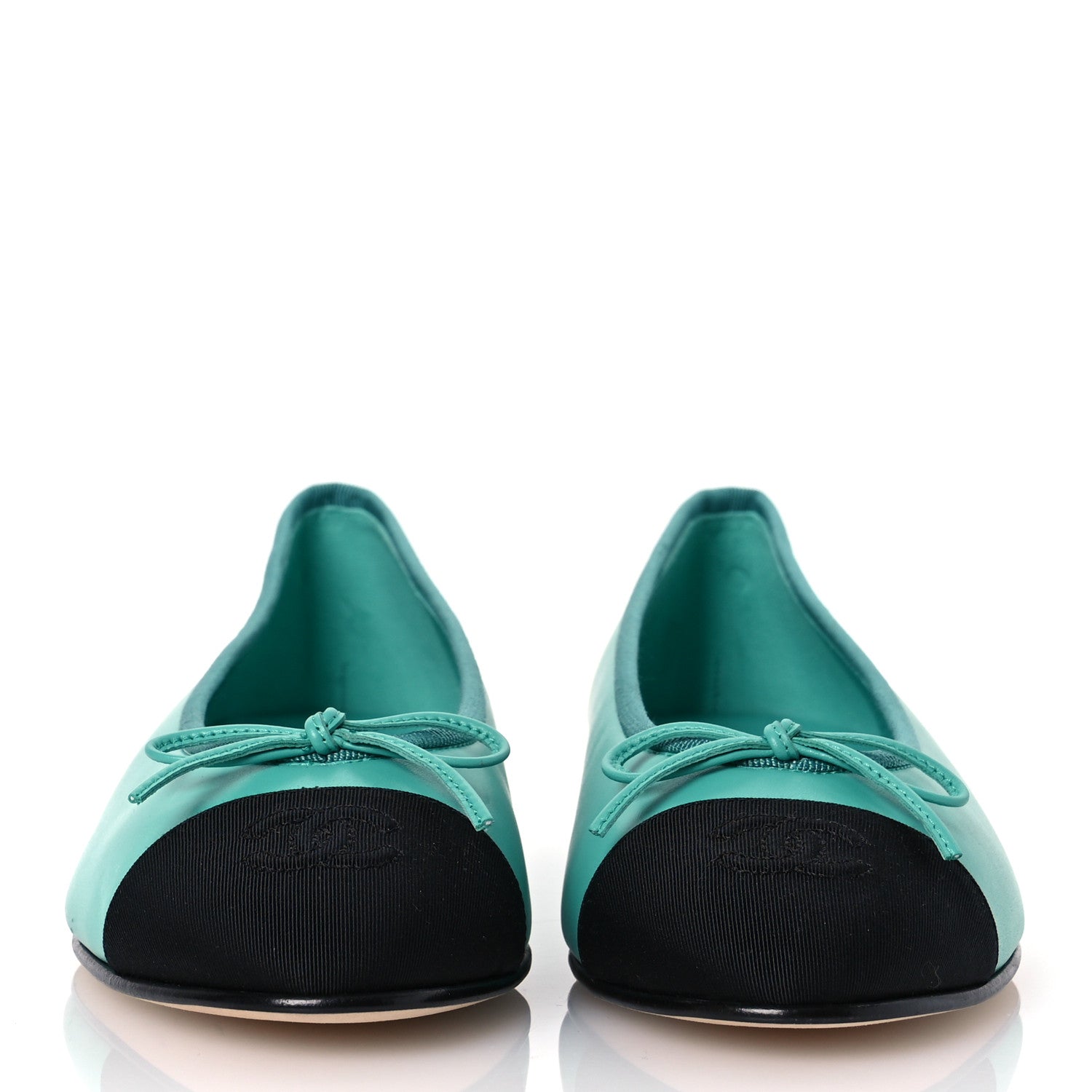 Chanel Calfskin Grosgrain Cap Toe CC Ballerina Flats 38 Turquoise Black 3 of 13