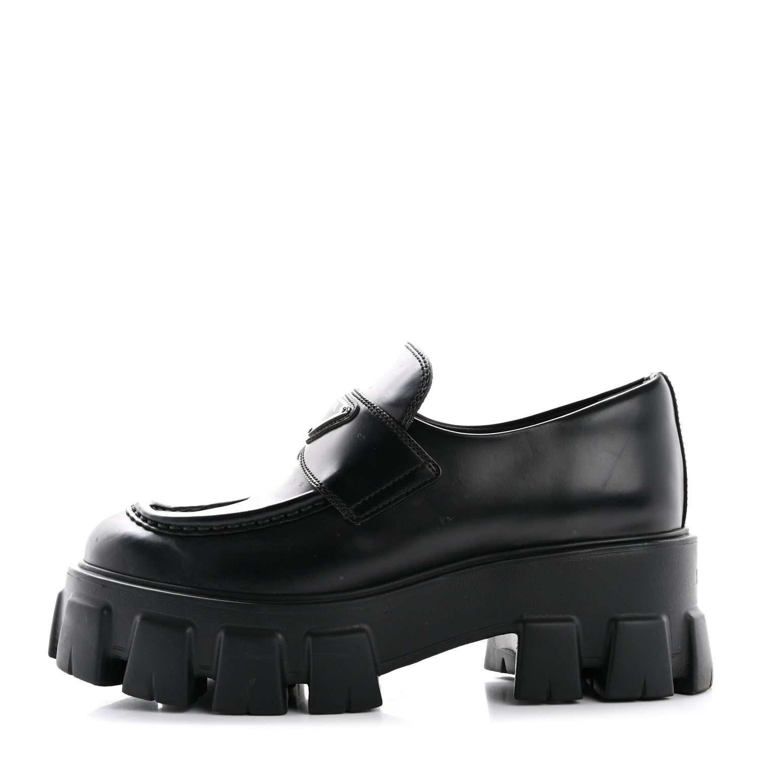 Prada Spazzolato Rois Metal Triangle Logo Monolith 55mm Loafers 36 Black 1 of 12