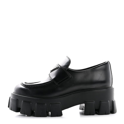 Prada Spazzolato Rois Metal Triangle Logo Monolith 55mm Loafers 36 Black 1 of 12