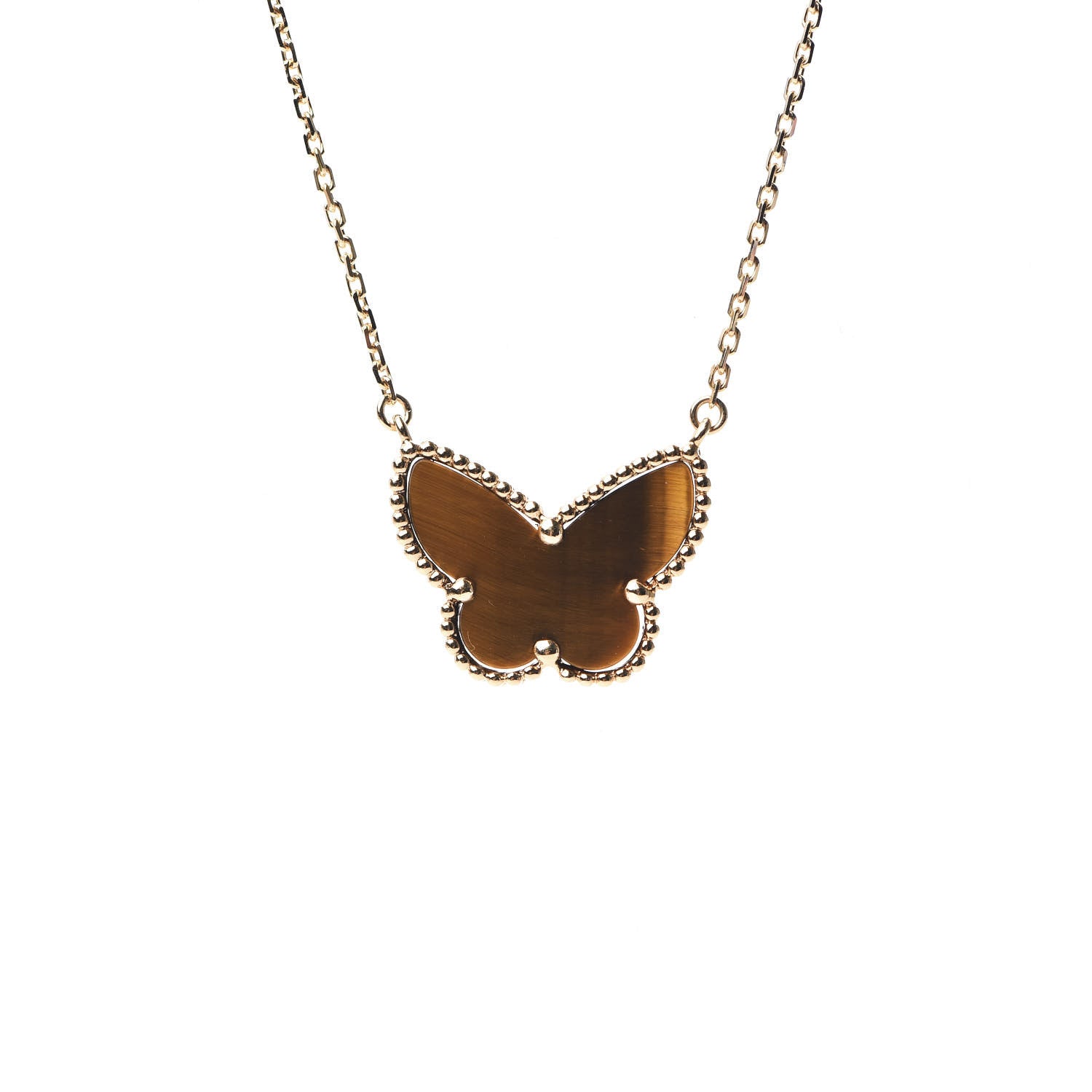 Van Cleef & Arpels 18K Yellow Gold Tiger Eye Lucky Alhambra Butterfly Pendant Necklace 5 of 6