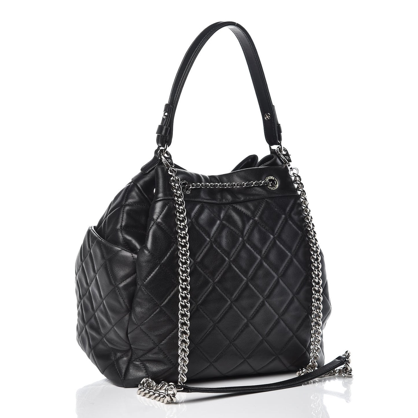Lambskin Quilted CC Chain Bucket Bag Black