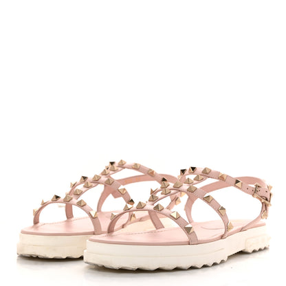 Valentino Garavani Calfskin Bedrock Rockstud Ankle Flat Sandals 39 Water Rose 3 of 11
