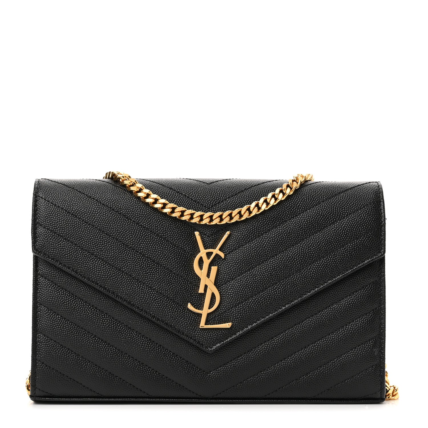 Saint Laurent Grain De Poudre Matelasse Chevron Monogram Chain Wallet Black 1 of 10