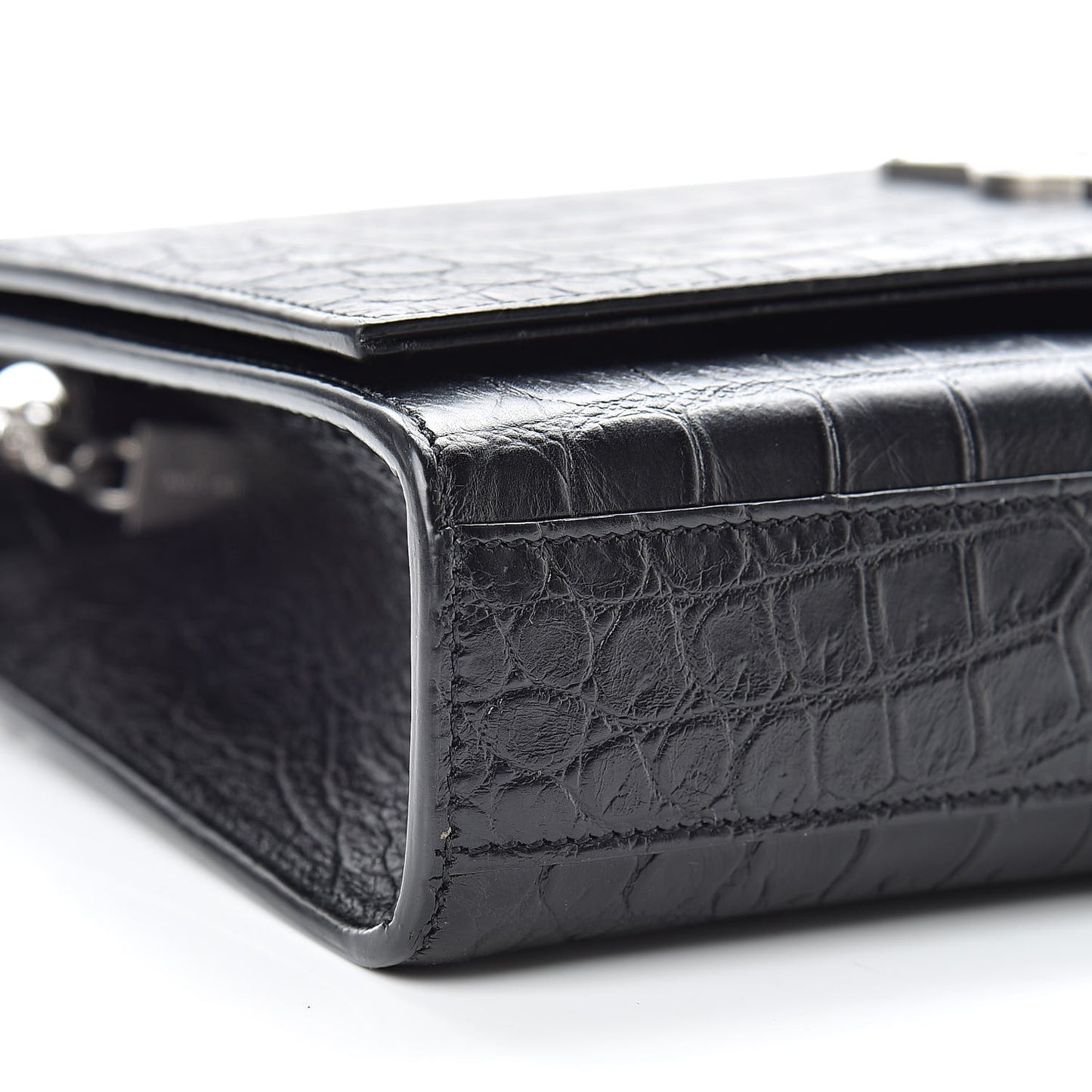 Calfskin Crocodile Embossed Medium Classic Monogram Kate Tassel Satchel Black
