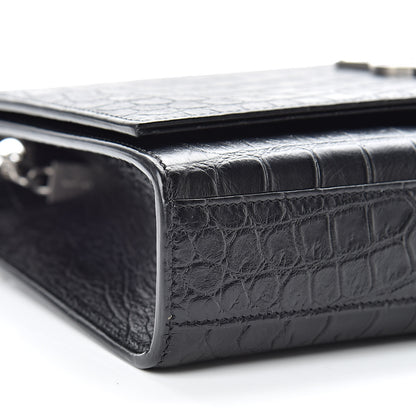 Saint Laurent Calfskin Crocodile Embossed Medium Classic Monogram Kate Tassel Satchel Black 9 of 10