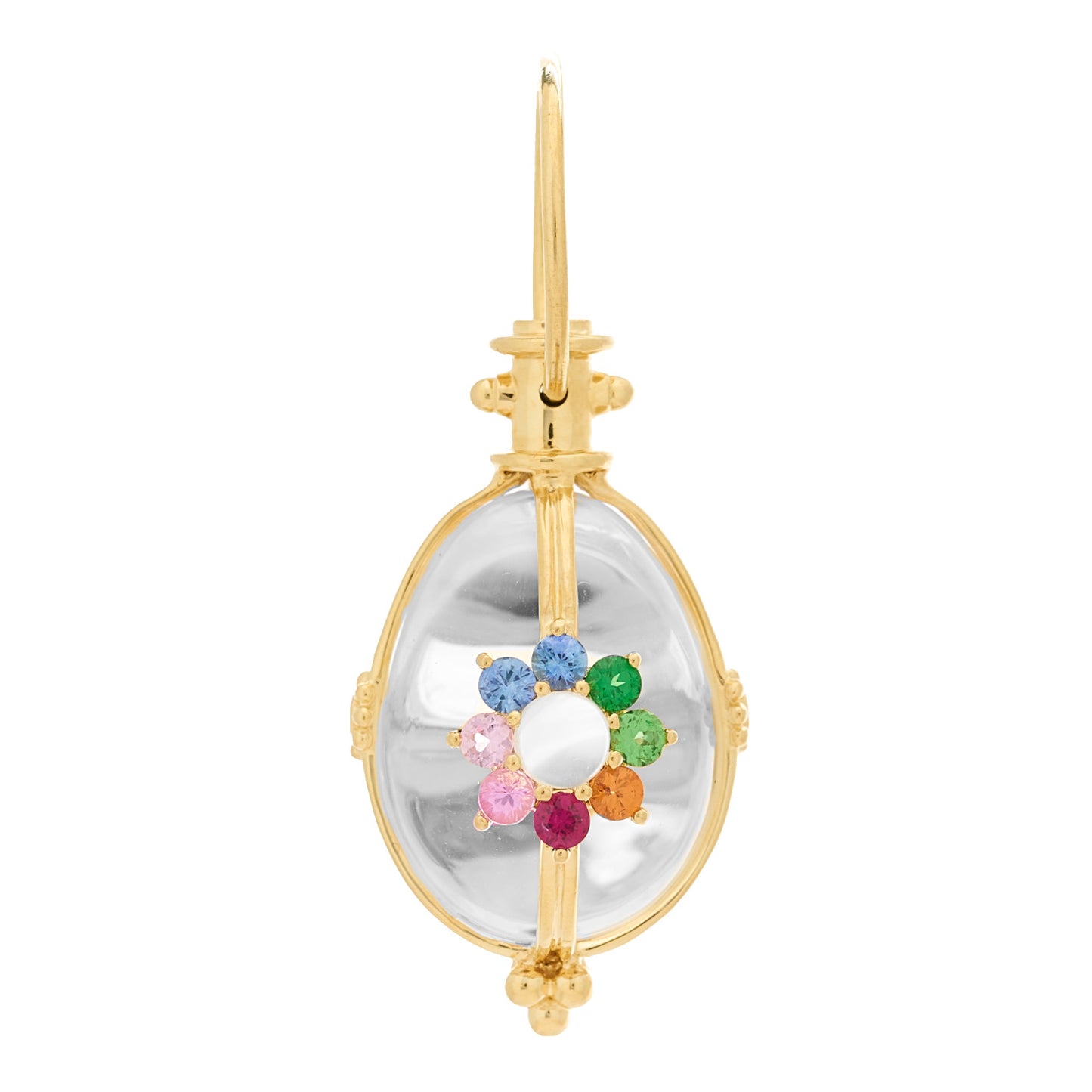 18K Yellow Gold Diamond Rock Crystal Multi Gemstone Floral Amulet Pendant