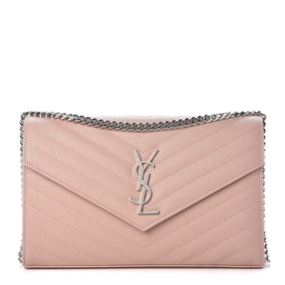 Saint Laurent Grain De Poudre Matelasse Chevron Monogram Chain Wallet Pale Pink 1 of 9