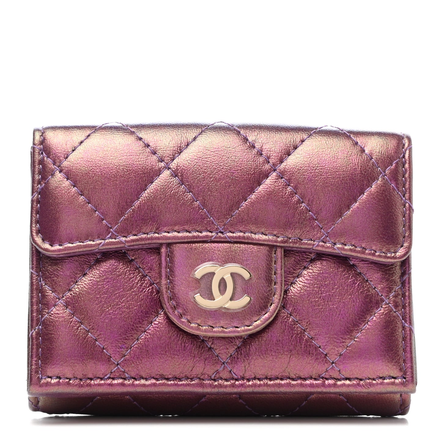 Iridescent Lambskin Small Quilted Flap Wallet Purple