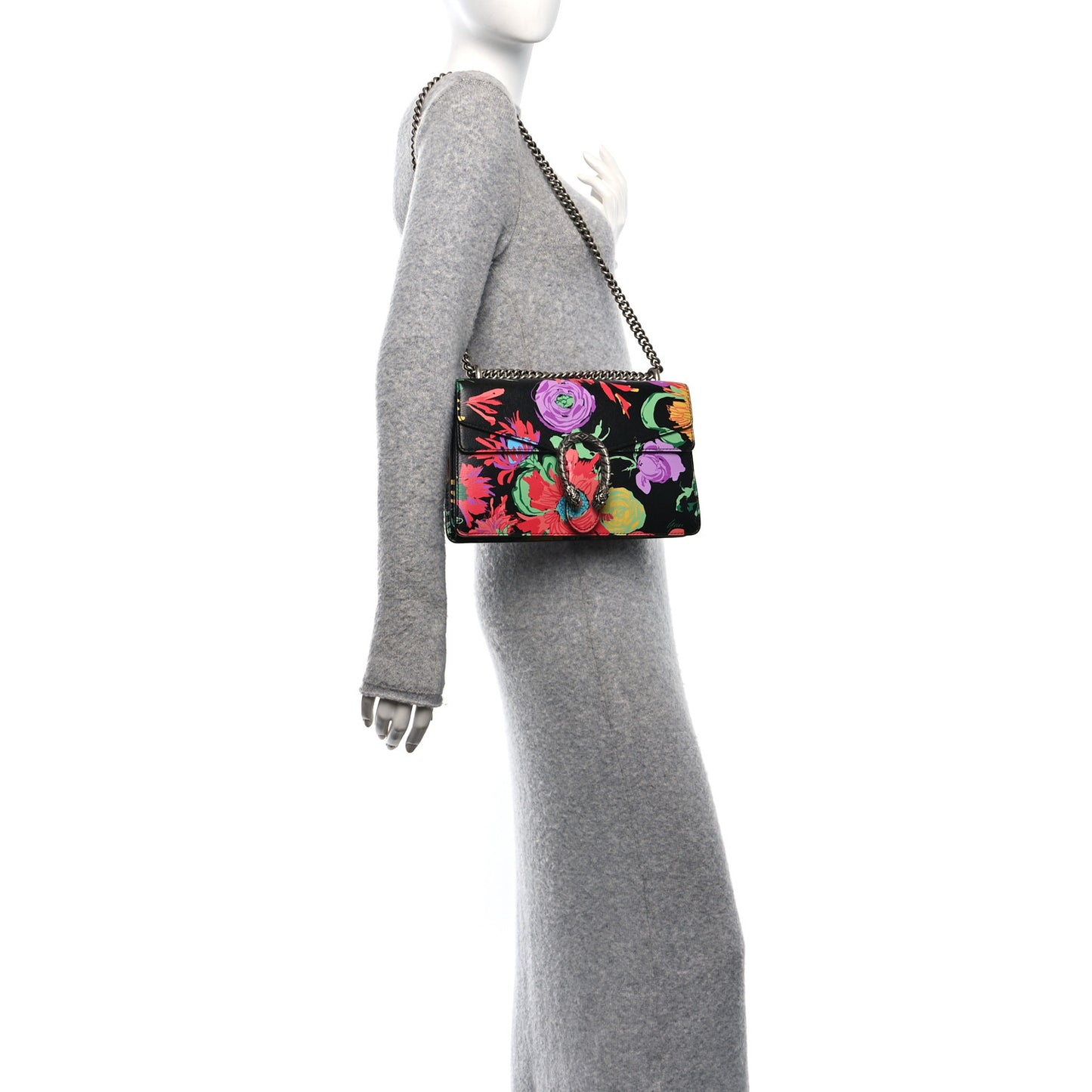 New Shangai Calfskin Jenny Floral Print Small Dionysus Shoulder Bag Black Pink