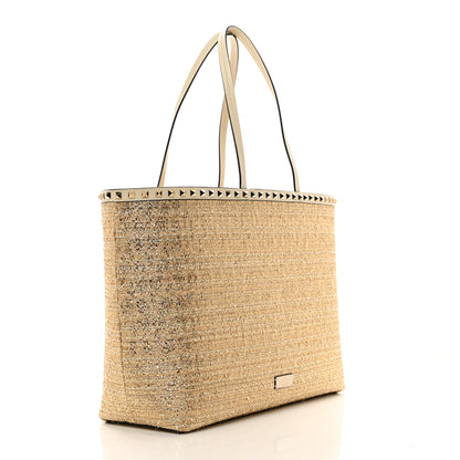 Valentino Garavani Metallic Boucle Raffia Calfskin Rockstud Shoulder Tote White Gold Ivory 3 of 9