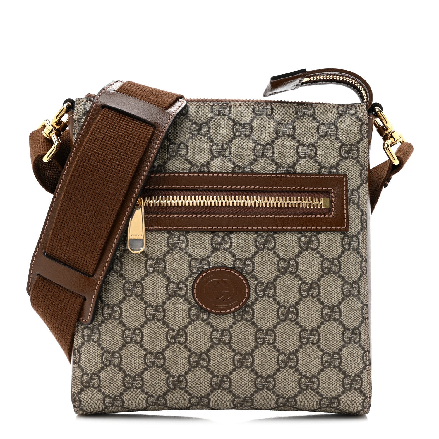 Gucci GG Supreme Monogram Azalea Calfskin Retro Interlocking G Flat Messenger Bag Beige Ebony Brown Sugar 1 of 10