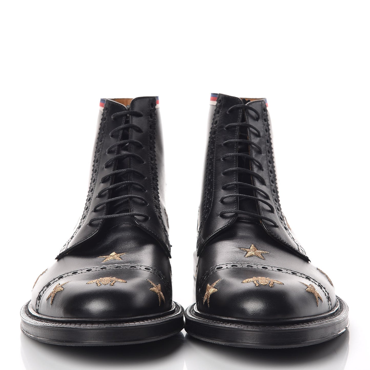 Calfskin Sylvie Web Bee Star Embroidered Mens Brogue Captoe Boots 7.5 Black