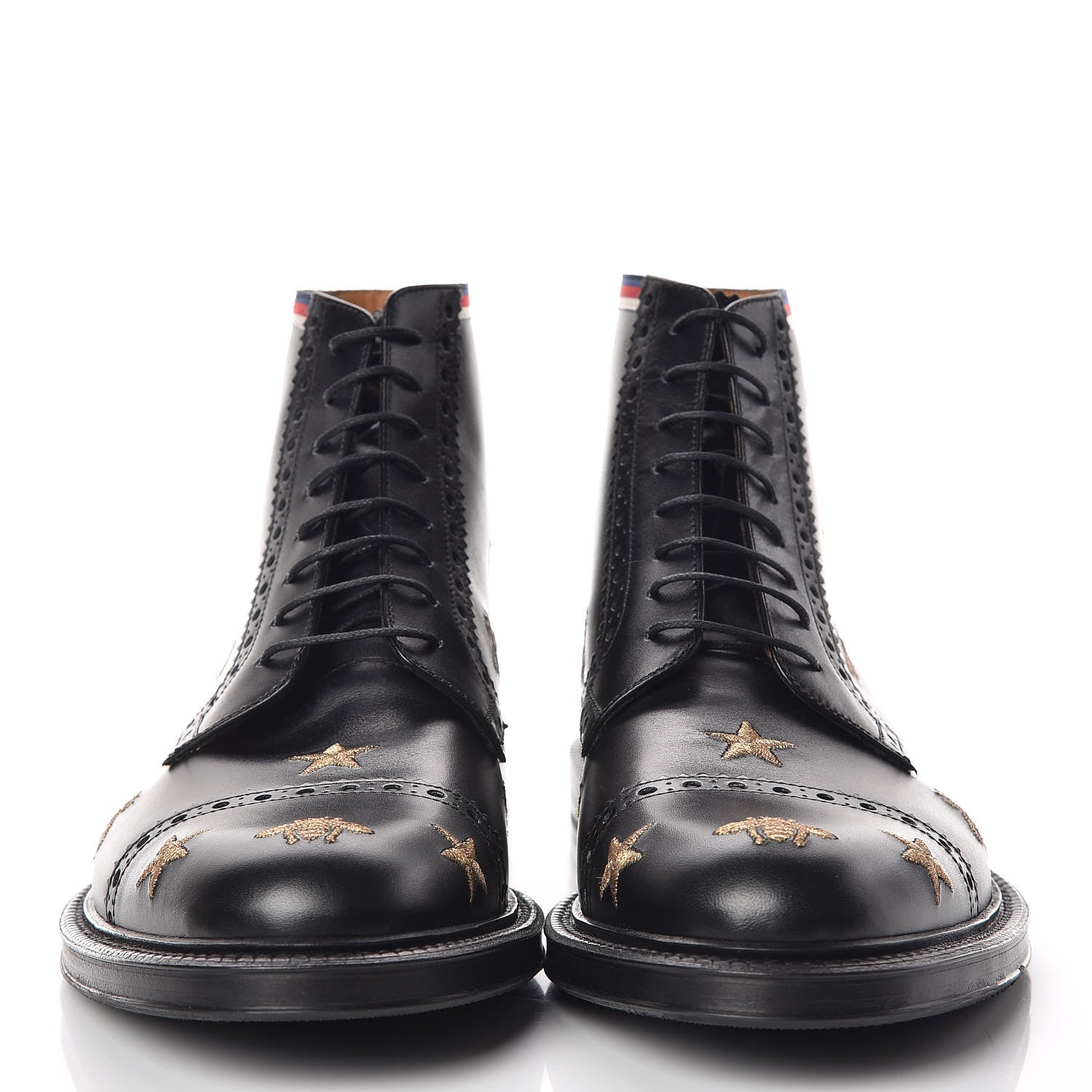 Gucci Calfskin Sylvie Web Bee Star Embroidered Mens Brogue Captoe Boots 7.5 Black 2 of 9