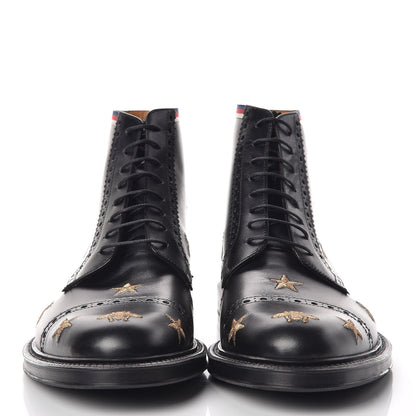 Gucci Calfskin Sylvie Web Bee Star Embroidered Mens Brogue Captoe Boots 7.5 Black 2 of 9