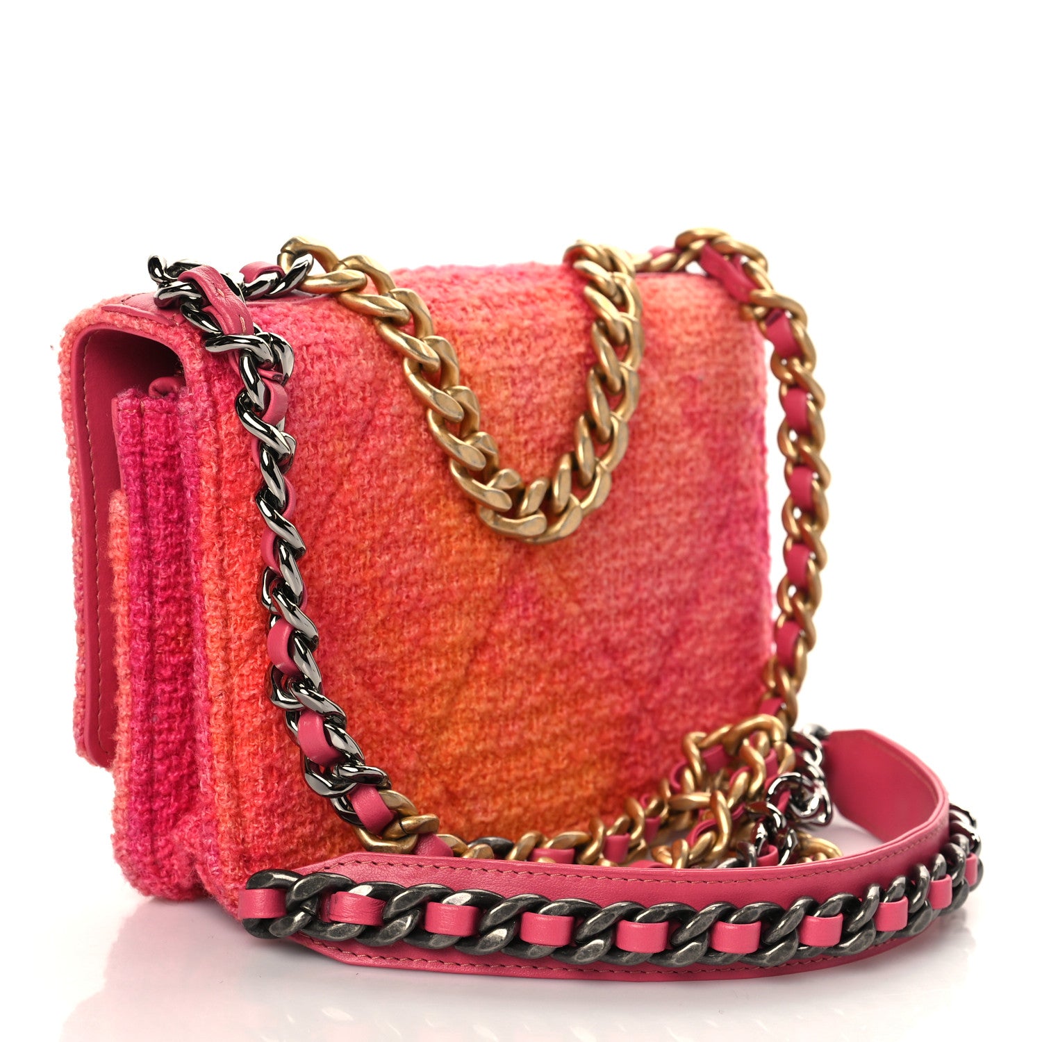 Chanel Wool Tweed Lambskin Quilted Chanel 19 Wallet On Chain WOC Coral Pink 3 of 10