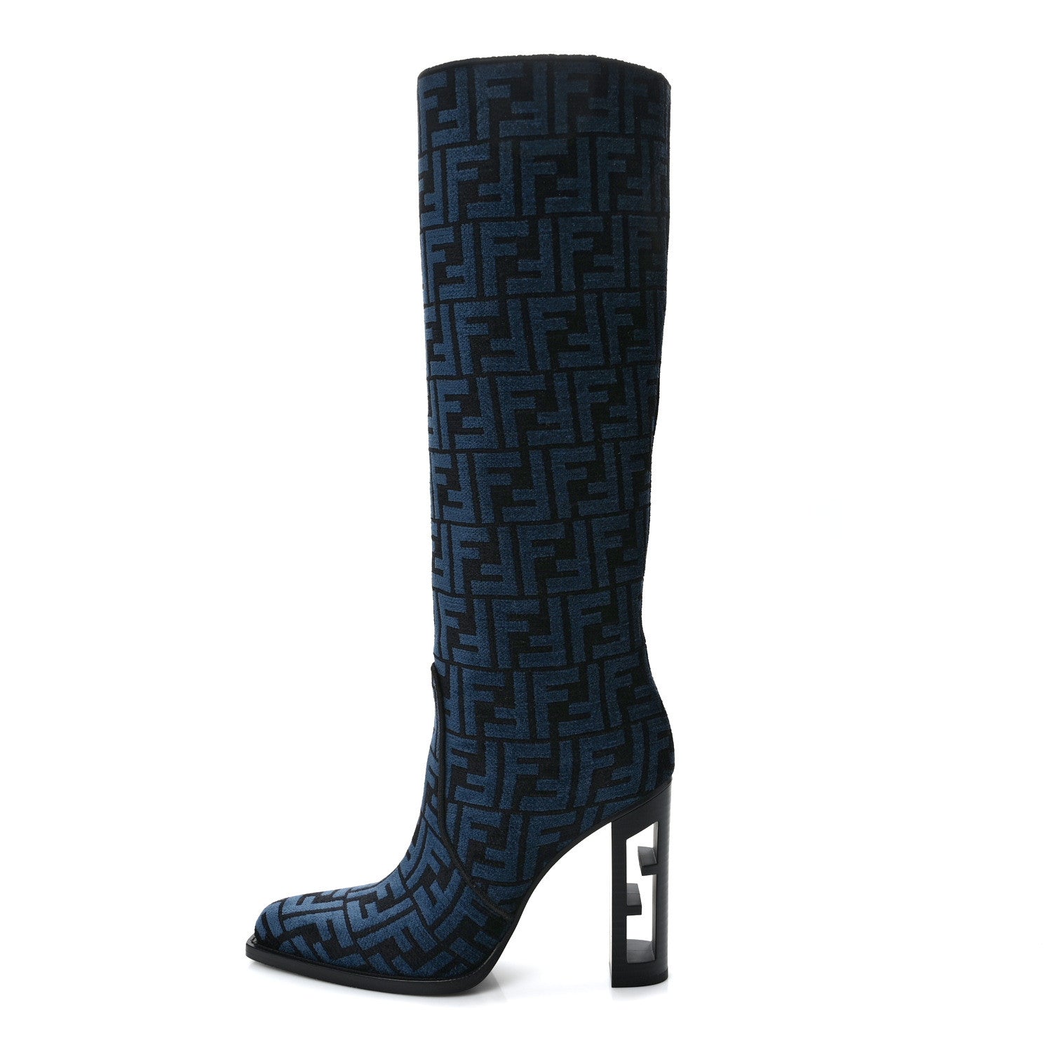 Fendi Chenille Jacquard FF 110mm Knee Boots 39 Black Blue 1 of 9