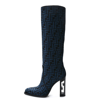Fendi Chenille Jacquard FF 110mm Knee Boots 39 Black Blue 1 of 9