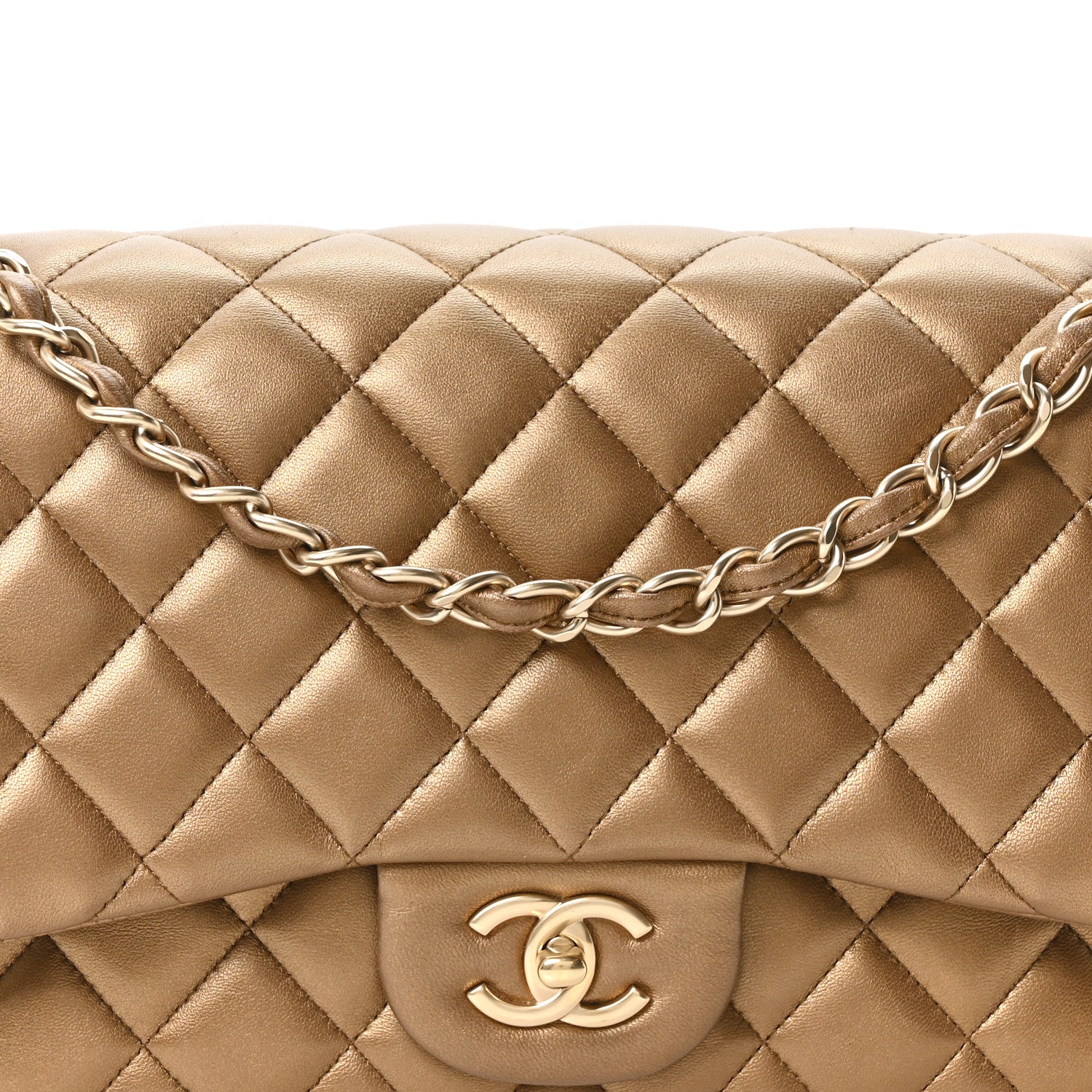 CHANEL ブラウン キルティング バッグ Chanel Metallic Lambskin Quilted Jumbo Double Flap Khaki 1871217