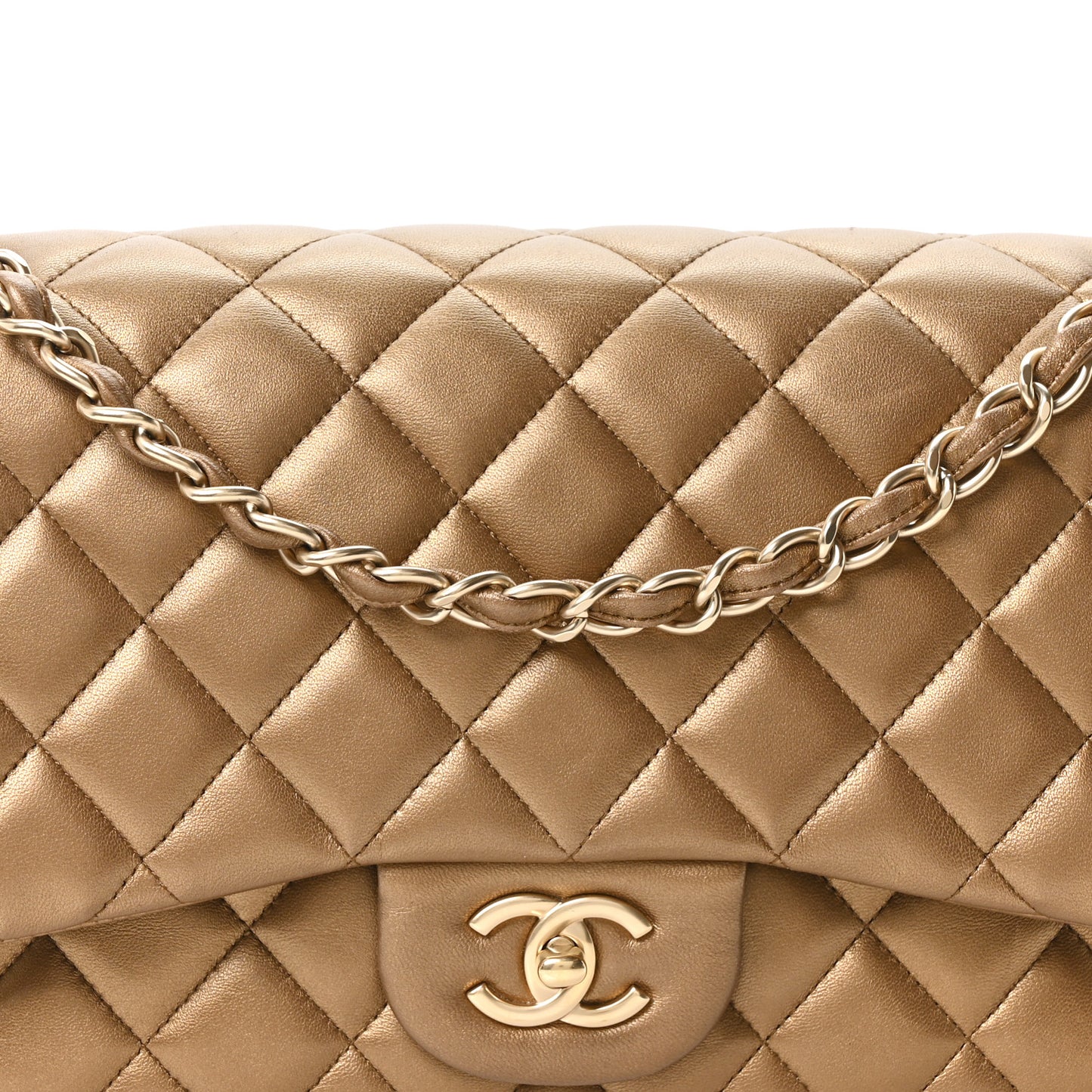 Metallic Lambskin Quilted Jumbo Double Flap Khaki