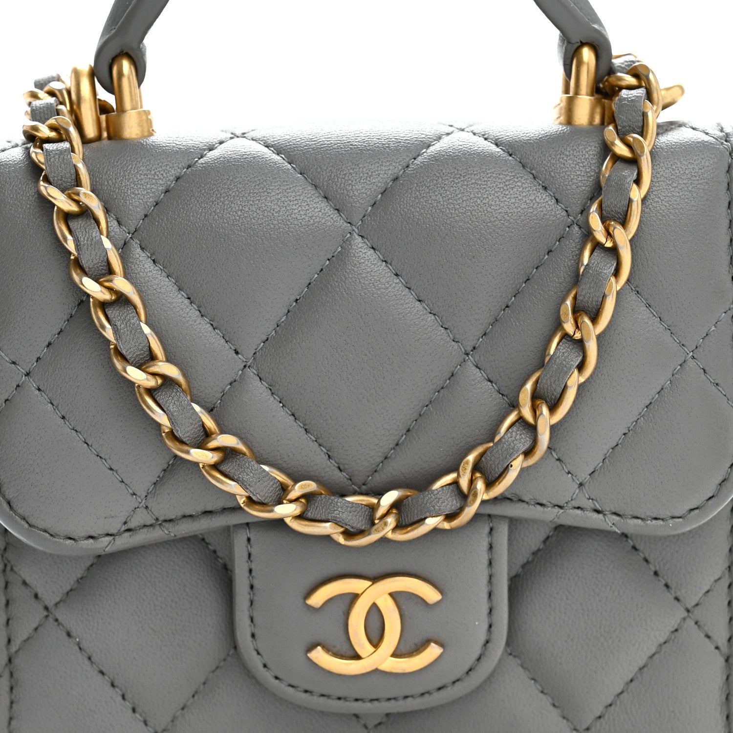 Chanel Lambskin Quilted Metal Top Handle Flap Clutch With Chain