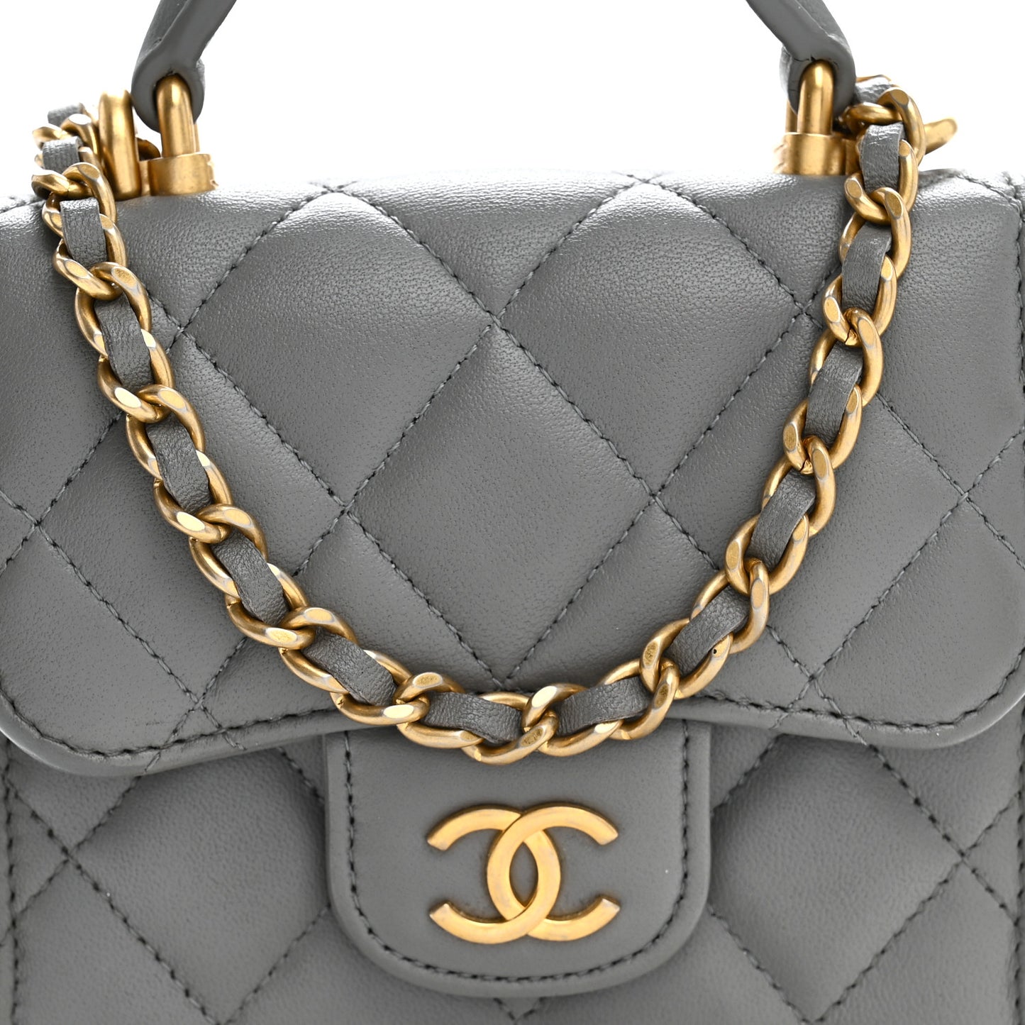 Lambskin Quilted Metal Top Handle Flap Clutch With Chain Grey