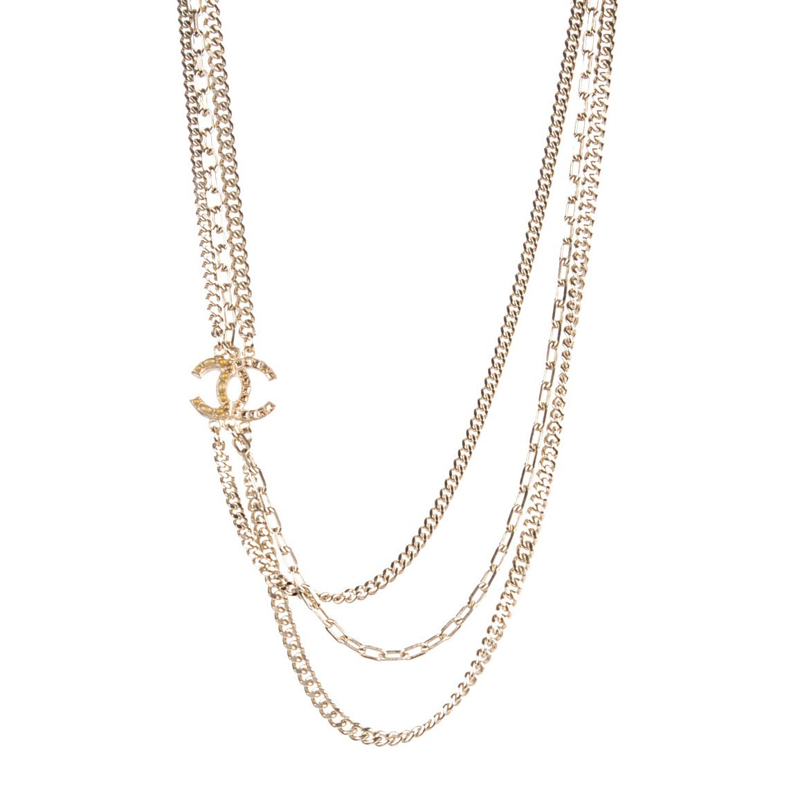 Chanel Baguette Crystal Triple Strand CC Necklace Silver 1 of 5