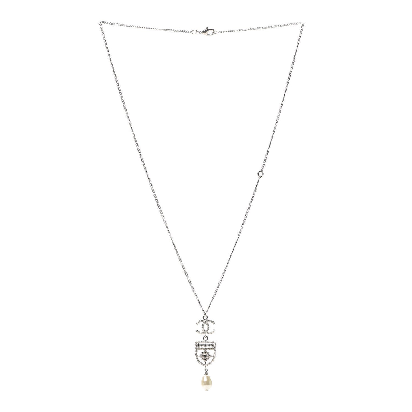 Resin Pearl CC Shield Drop Necklace Silver